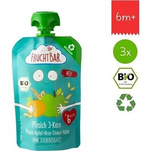 FruchtBar BIO 100 % recyklovateľná ovocná kapsička s jablkom, broskyňou, marhuľami a ovsom 3× 100 g