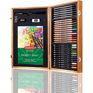 DERWENT Academy Wooden Gift Box, drevený darčekový kufrík, výtvarná sada pasteliek a ceruziek, 30 ks