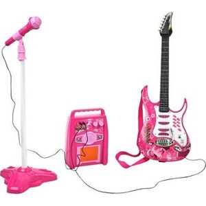 Kruzzel 22407 Detská rocková elektrická gitara na batérie, zosilňovač a mikrofón, ružová