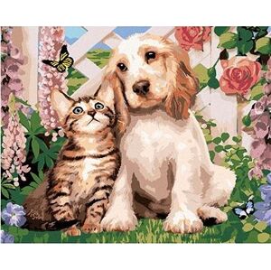 Maľovanie podľa čísel – Pes a mačka medzi kvetinami (Howard Robinson)