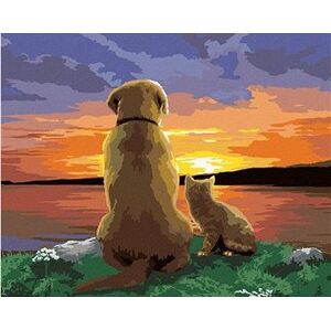 Maľovanie podľa čísel – Pes a mačka pozorujú západ slnka (Howard Robinson)