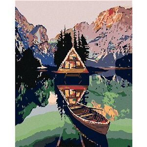 Maľovanie podľa čísel – Pramica pri chatke na jazere v horách