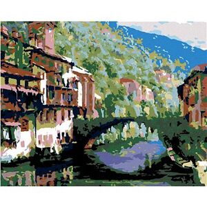Maľovanie podľa čísel – Rieka medzi domami a obrastený mostík