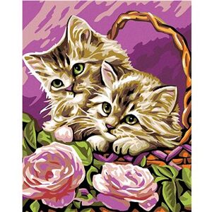Maľovanie podľa čísel – Mačiatka v košíku a ružové ruže