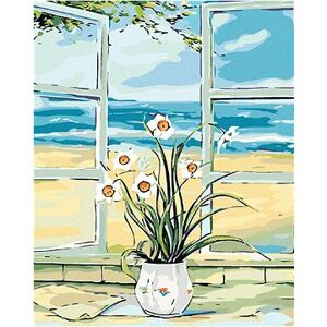 Maľovanie podľa čísel – Narcis v okne pri pláži