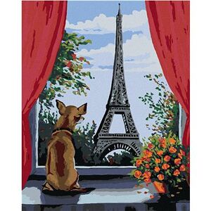 Maľovanie podľa čísel – Psík v okne a výhľad na Eiffelovku
