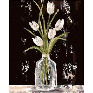 Biele tulipány v sklenenej váze (Haley Bush), 40×50 cm, bez rámu a bez vypnutia plátna
