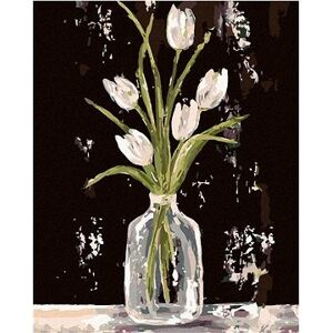 Biele tulipány v sklenenej váze (Haley Bush), 80 × 100 cm, bez rámu a bez napnutia plátna