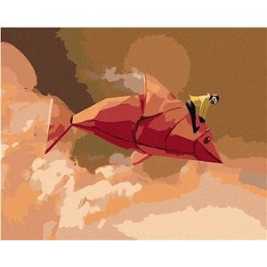 Dievča na červenej rybe z origami, 40×50 cm, bez rámu a bez vypnutia plátna
