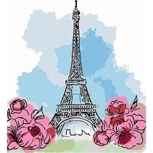 Eiffelova veža v Paríži s ružovými kvetmi, 40×50 cm, bez rámu a bez vypnutia plátna