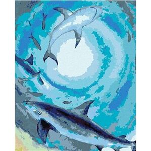 Kŕdeľ žralokov a rýb plávajúci v temnom mori, 40×50 cm, bez rámu a bez vypnutia plátna