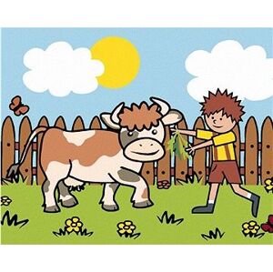 Chlapec s kravou na paši, 40 × 50 cm, bez rámu a bez napnutia plátna