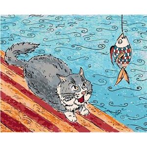 Mačka chytá rybu, 40×50 cm, vypnuté plátno na rám