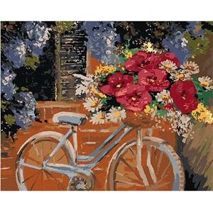 Bicykel s kyticou kvetov, 40 × 50 cm, bez rámu a bez napnutia plátna