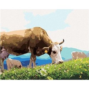 Krava na paši pri horách, 80 × 100 cm, bez rámu a bez napnutia plátna