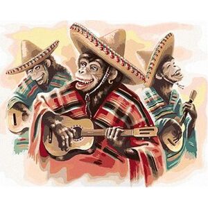 Mexické trio opíc hrajúce na gitaru, 40×50 cm, bez rámu a bez vypnutia plátna