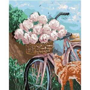 Pivonky v košíku na bicykli, 80 × 100 cm, bez rámu a bez napnutia plátna