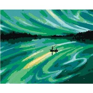 Plávajúce loďka a zelená vesmírna obloha, 40×50 cm, vypnuté plátno na rám