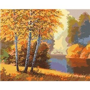 Jesenný les s riekou a jelene, 40×50 cm, bez rámu a bez vypnutia plátna