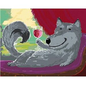Sivý vlk na pohovke s pohárom vína, 40 × 50 cm, napnuté plátno na ráme