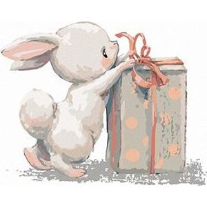 Zajac s narodeninovým darčekom, 80 × 100 cm, plátno napnuté na rám