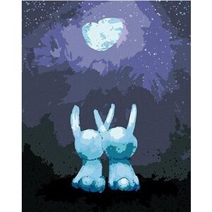 Zamilované králiky pozerajúce sa na žiariaci mesiac, 80×100 cm, vypnuté plátno na rám