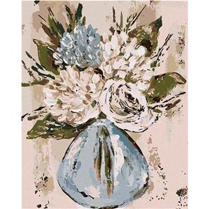 Zátišie modrej a bielej kvety vo váze (Haley Bush), 80×100 cm, vypnuté plátno na rám