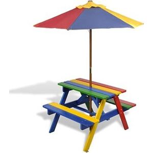 Detský piknikový stôl, lavičky a slnečník viacfarebný drevo
